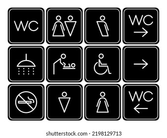 Wayfinding wc. Toilet outlined linear icon set. Washroom for men, women, disabled, transgender, baby room, bathroom, no smoking. Vector illustration.