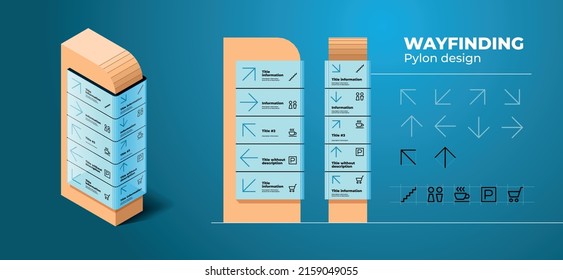Wayfinding wood pylon design for indoor and outdoor navigation with isometry, front and profile projection with arrows icons and titles.