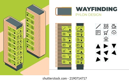 Wayfinding wood pylon design for indoor and outdoor navigation with isometry, front and profile projection with arrows icons and titles.