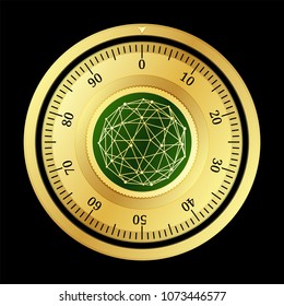 WaykiChain (WICC) cryptocurrency safe lock. Eps10 vector illustration isolated on black background.