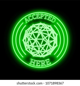 WaykiChain (WICC) green  neon cryptocurrency symbol in round frame with text "Accepted here"