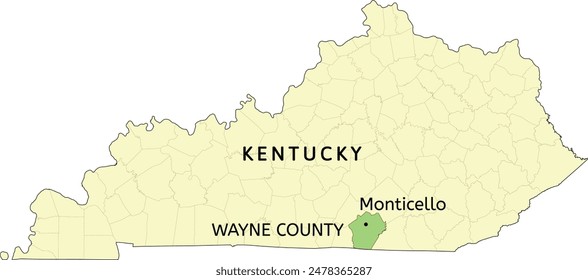 Wayne County and city of Monticello location on Kentucky state map