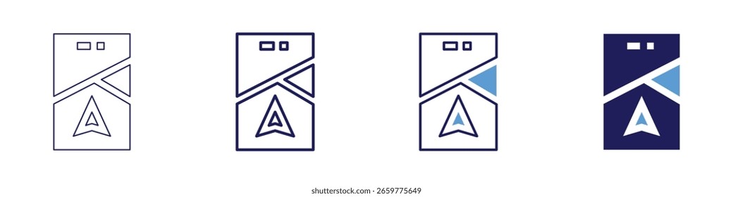 Icono de navegación de Waypoint en 4 estilos diferentes. Línea delgada, línea, línea en negrita, duotono. Estilo duotono. Trazo editable.