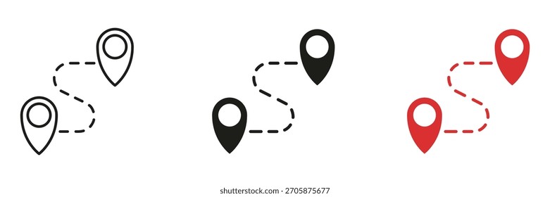 Waypoint Route with Circular Marker Line and Solid Icon Set. Journey Direction and Targeted Path Navigation Symbol Collection. Isolated Vector Illustration