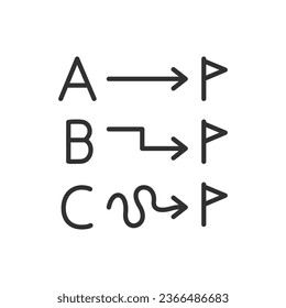 Wege, ein Ziel zu erreichen, lineares Symbol. Ein Leistungsplan. Planen eines Weges zu einer Aufgabe. Linie mit bearbeitbarem Hub