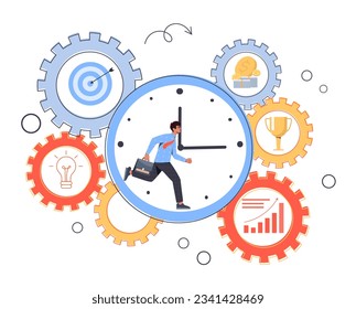 Ways to achieve goals concept. Man with suit in gears and coghweels. Motivation and leadership, organization of effective workflow and time management. Cartoon flat vector illustration