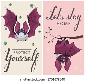 Ways to avoid coronavirus infection and protect yourself.
Funny set of pictures:1-bat scared in the mask on the street,2-happy bat at home.Cartoon illustration. Pandemic Covid-19