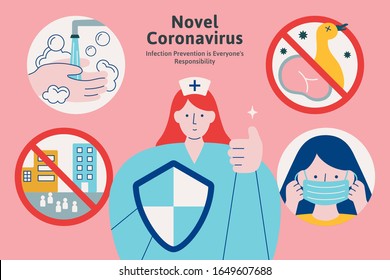 Ways to avoid infection including wash hands, no raw food, wear a face mask and do not go to crowded area during novel pneumonia period, COVID-19 illustration