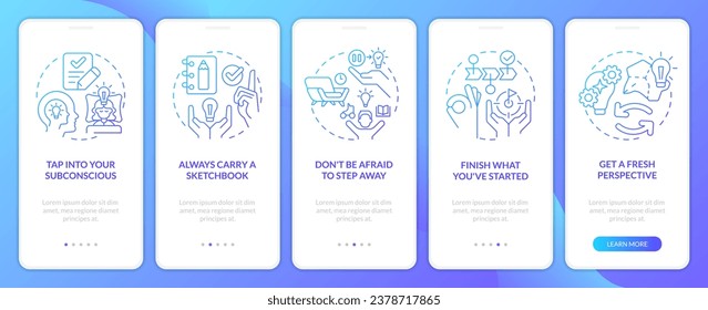 Ways to beat creative block blue gradient onboarding mobile app screen. Walkthrough 5 steps graphic instructions with linear concepts. UI, UX, GUI template. Myriad Pro-Bold, Regular fonts used