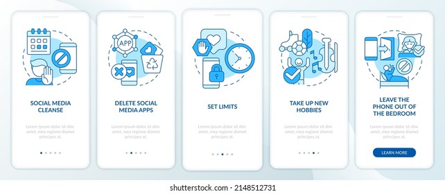 Ways to break social media addiction blue onboarding mobile app screen. Walkthrough 5 steps graphic instructions pages with linear concepts. UI, UX, GUI template. Myriad Pro-Bold, Regular fonts used