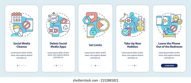 Ways to break social media addiction onboarding mobile app screen. Detox walkthrough 5 steps graphic instructions pages with linear concepts. UI, UX, GUI template. Myriad Pro-Bold, Regular fonts used