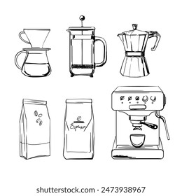 Ways to brew coffee. Espresso, capsule coffee. Black ink drawing on a white background.