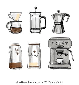 Ways to brew coffee. Espresso, capsule coffee. Black ink drawing on a white background.