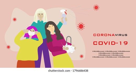 Ways to deal with COVID-19 in a flat style, including wearing face masks, washing hands and using a disinfectant spray, vector graphics, poster