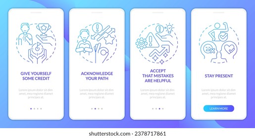 Ways to deal with imposter syndrome blue gradient onboarding mobile app screen. Walkthrough 4 steps graphic instructions with linear concepts. UI, UX, GUI template. Myriad Pro-Bold, Regular fonts used