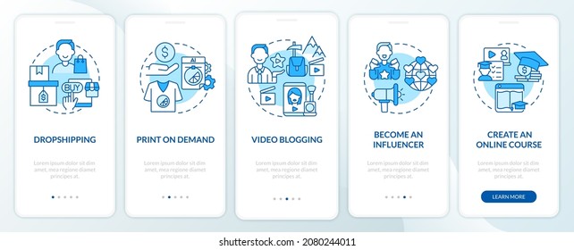 Ways to earn money online onboarding mobile app page screen. Video blogging walkthrough 5 steps graphic instructions with concepts. UI, UX, GUI vector template with linear color illustrations