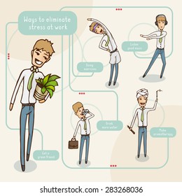 Ways to eliminate stress at work. Vector illustration infographics. Funny office characters.