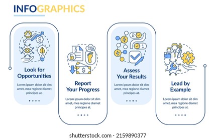 Ways to energy management rectangle infographic template. Lead by example. Data visualization with 4 steps. Process timeline info chart. Workflow layout with line icons. Lato-Bold, Regular fonts used