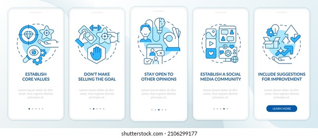 Ways to establish transparency blue onboarding mobile app screen. Company walkthrough 5 steps graphic instructions pages with linear concepts. UI, UX, GUI template. Myriad Pro-Bold, Regular fonts used