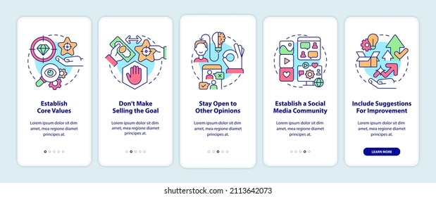 Ways to establish transparency onboarding mobile app screen. Business walkthrough 5 steps graphic instructions pages with linear concepts. UI, UX, GUI template. Myriad Pro-Bold, Regular fonts used