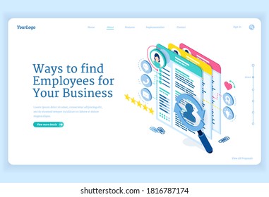 Ways to find employees to business. Concept of search and hire staff for company. Vector landing page of recruit and choice candidate for job with isometric illustration of people data and cv