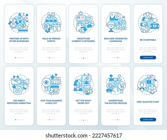 Ways of finding customers blue onboarding mobile app screen set. Walkthrough 5 steps editable graphic instructions with linear concepts. UI, UX, GUI template. Myriad Pro-Bold, Regular fonts used