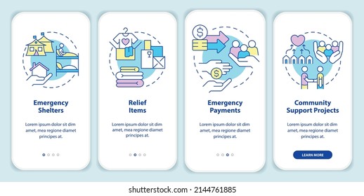 Ways to help refugees onboarding mobile app screen. Emergency walkthrough 4 steps graphic instructions pages with linear concepts. UI, UX, GUI template. Myriad Pro-Bold, Regular fonts used