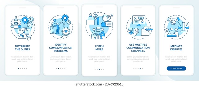 Wege, die Teamarbeit auf dem mobilen Apps-Bildschirm zu verbessern. Strategieexemplar für 5 Stufen - Seiten mit grafischen Instruktionen mit linearen Konzepten. UI, UX, GUI-Vorlage. Myriad Pro-kühne, Standardschriftarten verwendet