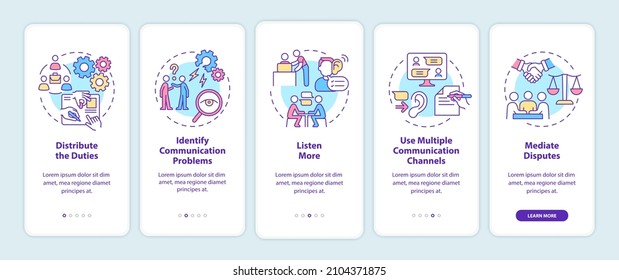 Ways to improve teamwork onboarding mobile app screen. Company strategy walkthrough 5 steps graphic instructions pages with linear concepts. UI, UX, GUI template. Myriad Pro-Bold, Regular fonts used