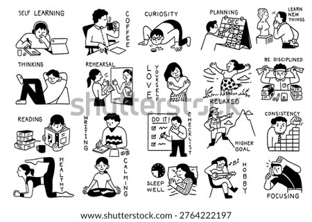 Ways to improve yourself. Cute character illustration design of people in various activities and doing for better or improve skill and abilities. Black and white doodle style. Hand drawn sketch, outline, thin line art. 