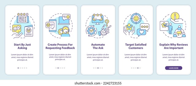 Ways to make clients write reviews onboarding mobile app screen. Walkthrough 5 steps editable graphic instructions with linear concepts. UI, UX, GUI template. Myriad Pro-Bold, Regular fonts used