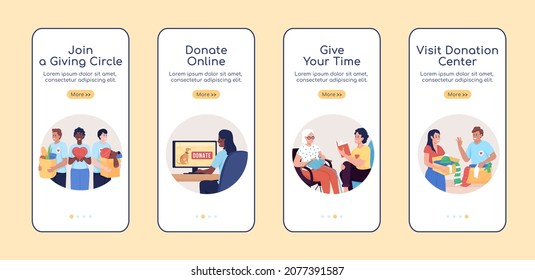 Ways to make donations onboarding mobile app screen flat vector template. Walkthrough website 4 steps with characters. Creative UX, UI, GUI smartphone cartoon interface, case prints set