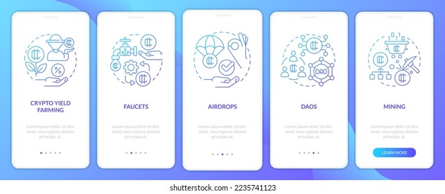 Ways to make money on crypto blue gradient onboarding mobile app screen. Walkthrough 5 steps graphic instructions with linear concepts. UI, UX, GUI template. Myriad Pro-Bold, Regular fonts used