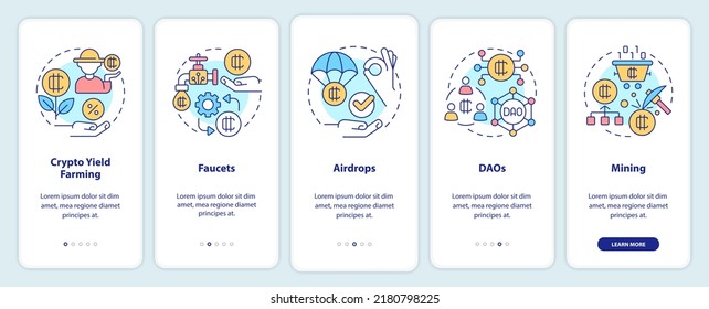 Ways to make money on cryptocurrency onboarding mobile app screen. Walkthrough 5 steps editable graphic instructions with linear concepts. UI, UX, GUI template. Myriad Pro-Bold, Regular fonts used