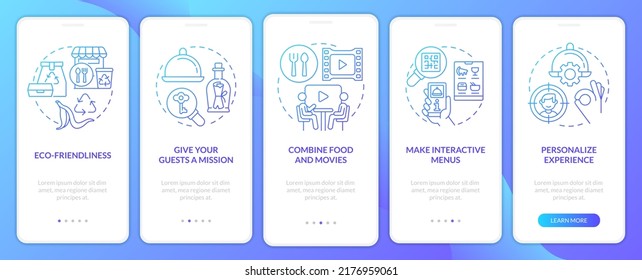 Formas de hacer un restaurante de moda degradado azul en pantalla de aplicación móvil. Recorrido 5 pasos instrucciones gráficas con conceptos lineales. UI, UX, plantilla GUI. Multitud de tipos de letra Pro-Bold, con uso regular