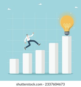 Ways or methods for creating innovative ideas, growth and development of innovation market, brainstorming to find strategies to increase business profitability, man runs on growing graph to light bulb
