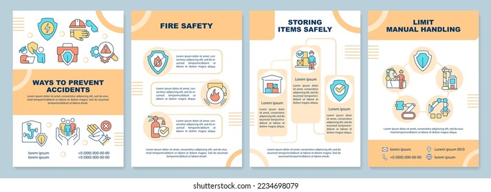Modalidades para prevenir accidentes plantilla de folleto. Área de trabajo segura. Diseño del prospecto con iconos lineales. Editable 4 diseños vectoriales para presentación, informes anuales. Arial-Black, Myriad Pro-Regular fuentes utilizadas