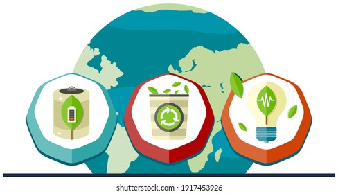 Ways to prevent problems with ecology. Use of environmentally friendly energy and batteries without harm to environment, waste recycling. Nature and environmental care. World globe vector illustration