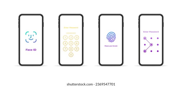 Ways to protect the screen icons. Flat, color, face id, pin code, finger scanner, pattern key. Vector icons