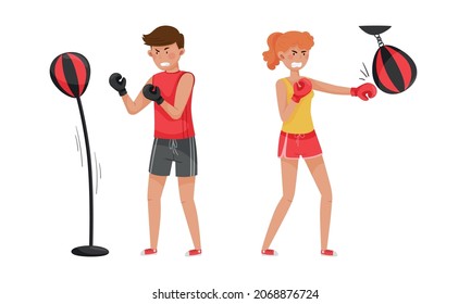Ways to relax set. People boxing with punching bags. Daily activity or hobby cartoon vector illustration