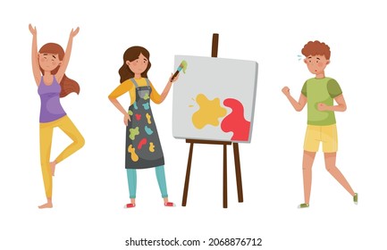 Ways to relax set. People taking painting and doing sports. Daily activity or hobby cartoon vector illustration