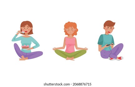 Ways to relax set. People taking eating sweets, doing yoga and play games. Daily activity or hobby cartoon vector illustration