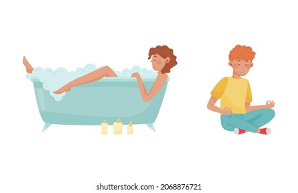 Ways to relax set. People taking bath and meditating. Daily activity or hobby cartoon vector illustration