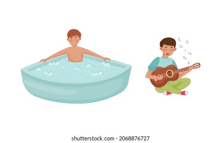 Ways to relax set. People taking bath and playing guitar. Daily activity or hobby cartoon vector illustration
