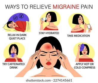 Ways to relieve migraine pain infographic vector isolated. Take medicine, hydrate and rest in dark quiet place. Stressed woman suffering from headache.