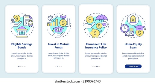 Formas de ahorrar para la pantalla de aplicación móvil en el internado universitario. Recorrido de finanzas 4 pasos instrucciones gráficas editables con conceptos lineales. UI, UX, plantilla GUI. Multitud de tipos de letra Pro-Bold, con uso regular