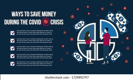 Ways to save money during the epidemic virus crisis.Vector illustration for web banner, infographics, mobile. savings account, finance consolidation, budget planning.People problems worried crisis. chart pie with man and women