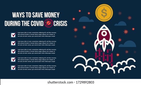 Wege, um Geld während der Epidemic-Virus-Krise zu sparen.Vector Illustration für Web-Banner, Infografiken, mobil. Sparkonto, Finanzkonsolidierung, Haushaltsplanung.Probleme besorgt Krise.Raketenkonzept
