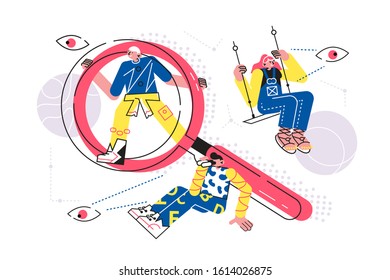 Ways to search necessary information vector illustration. Man watch with binoculars, guy looking through magnifier, woman riding on swing and watching for something flat style design