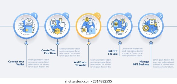 Ways of selling NFTs circle infographic template. Business. Data visualization with 3 steps. Editable timeline info chart. Workflow layout with line icons. Myriad Pro-Regular font used